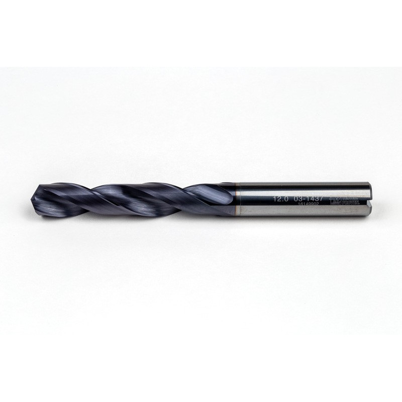 12mm Ø Carbide Drill, 12mm Shank x 140° Point Angle x 30° Helix, 5XD, 2 Flute, TiAlN Coated, Inox / SS, TSC