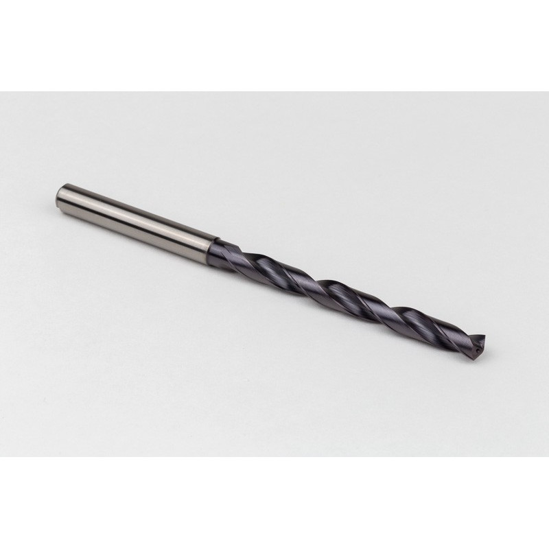 5.5mm Ø Carbide Drill, 6mm Shank x 140° Point Angle x 28° Helix, 8XD, 2 Flute, TiAlN Coated, Inox / SS, TSC