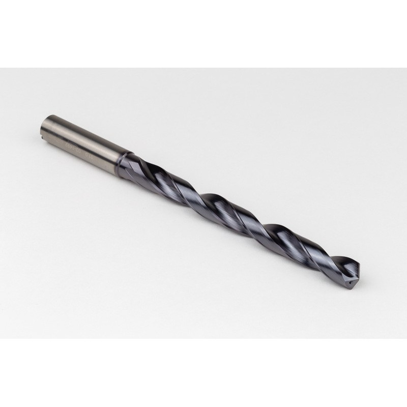 11mm Ø Carbide Drill, 12mm Shank x 140° Point Angle x 28° Helix, 8XD, 2 Flute, TiAlN Coated, Inox / SS, TSC