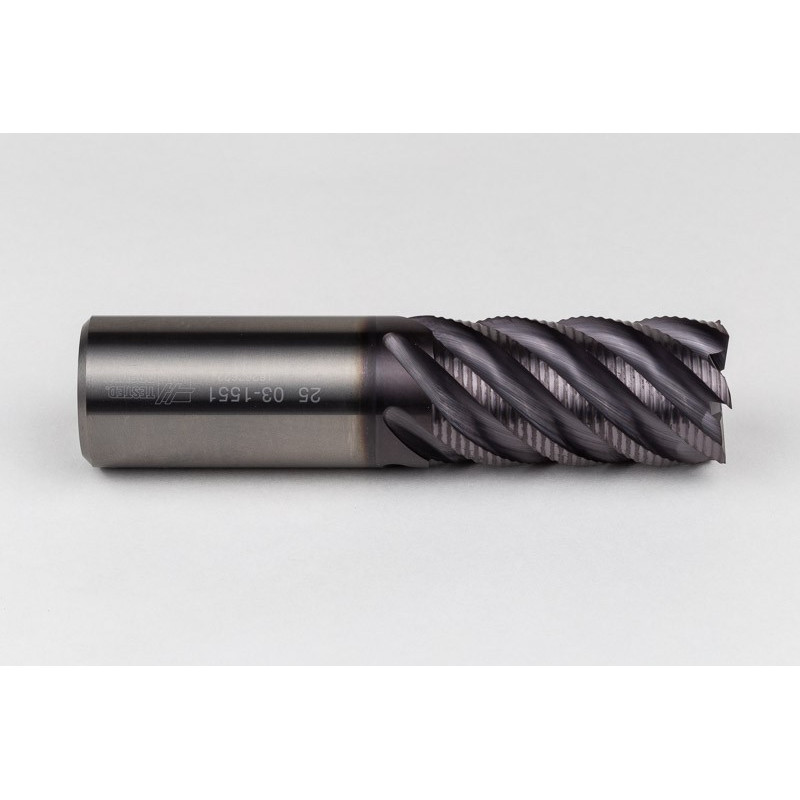 25mm Dia. Carbide Fine Roughing End Mill, 6 Flute, TiAlN Coated, 25mm Smooth Shank x 45mm LOC, 0.2mm Chamfer, FPCHH