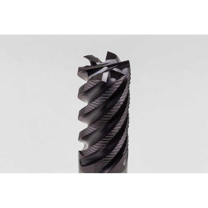 25mm Dia. Carbide Fine Roughing End Mill, 6 Flute, TiAlN Coated, 25mm Smooth Shank x 45mm LOC, 0.2mm Chamfer, FPCHH