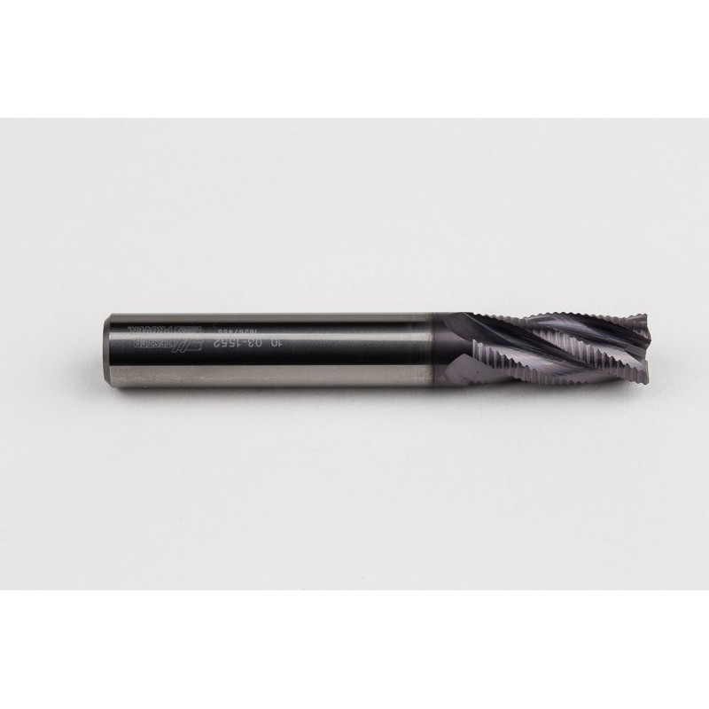 10mm Dia. Carbide Fine Roughing End Mill, 4 Flute, TiAlN Coated, 10mm Smooth Shank x 22mm LOC, 0.38mm Chamfer, FPCHH