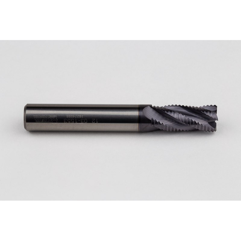 12mm Dia. Carbide Fine Roughing End Mill, 4 Flute, TiAlN Coated, 12mm Smooth Shank x 26mm LOC, 0.55mm Chamfer, FPCHH