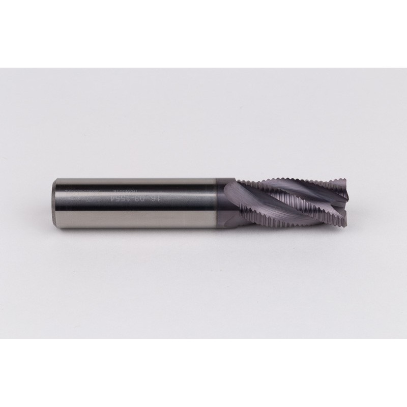 16mm Dia. Carbide Fine Roughing End Mill, 4 Flute, TiAlN Coated, 16mm Smooth Shank x 32mm LOC, 0.55mm Chamfer, FPCHH