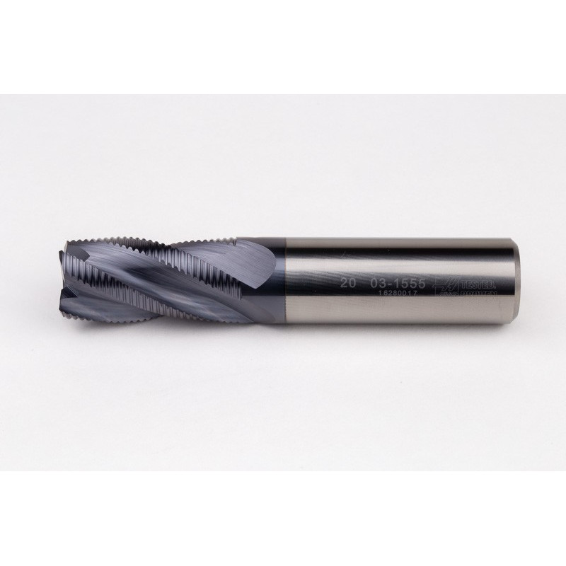 20mm Dia. Carbide Fine Roughing End Mill, 4 Flute, TiAlN Coated, 20mm Smooth Shank x 38mm LOC, 0.55mm Chamfer, FPCHH