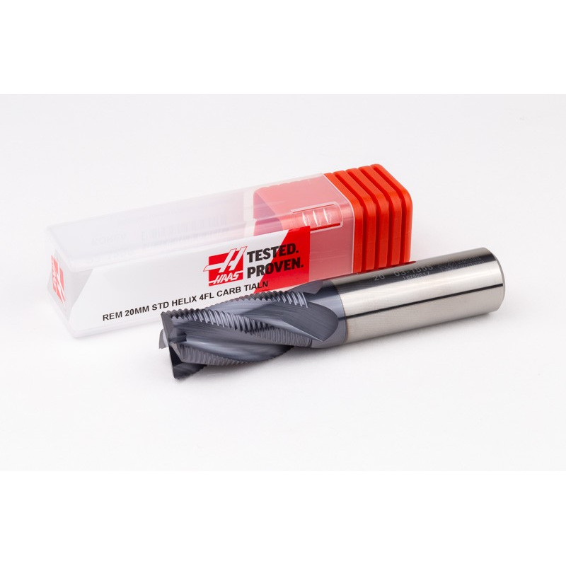 20mm Dia. Carbide Fine Roughing End Mill, 4 Flute, TiAlN Coated, 20mm Smooth Shank x 38mm LOC, 0.55mm Chamfer, FPCHH
