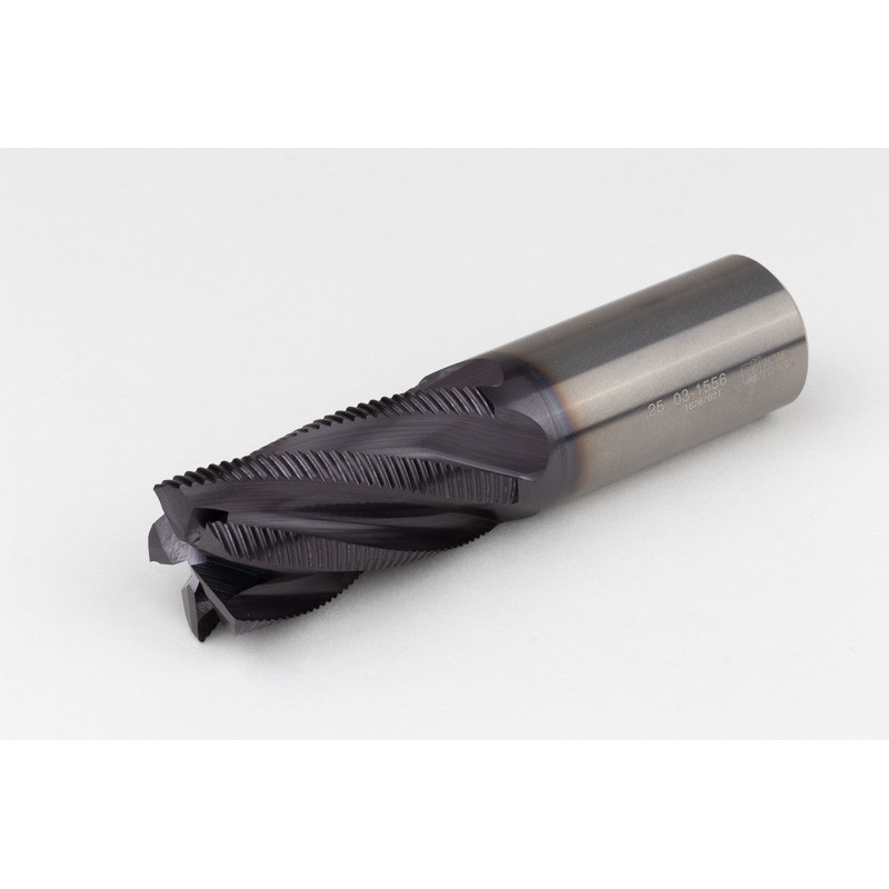 25mm Dia. Carbide Fine Roughing End Mill, 5 Flute, TiAlN Coated, 25mm Smooth Shank x 45mm LOC, 0.55mm Chamfer, FPCHH
