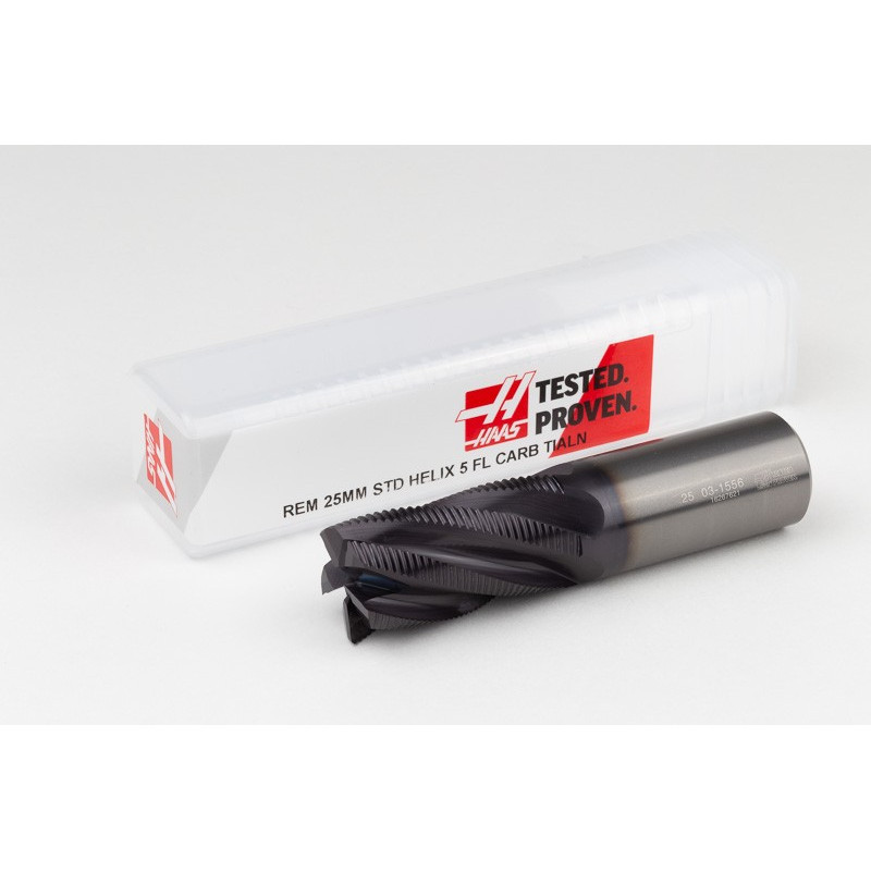 25mm Dia. Carbide Fine Roughing End Mill, 5 Flute, TiAlN Coated, 25mm Smooth Shank x 45mm LOC, 0.55mm Chamfer, FPCHH
