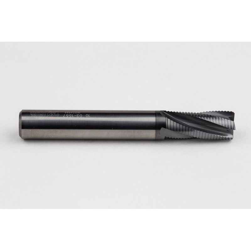 10mm Dia. Carbide Fine Roughing End Mill, 4 Flute, Hyb. AlCrN Coated, 10mm Smooth Shank x 22mm LOC, 0.6mm Chamfer, FPCLH