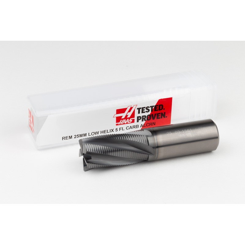 25mm Dia. Carbide Fine Roughing End Mill, 5 Flute, Hyb. AlCrN Coated, 25mm Smooth Shank x 45mm LOC, 0.6mm Chamfer, FPCLH