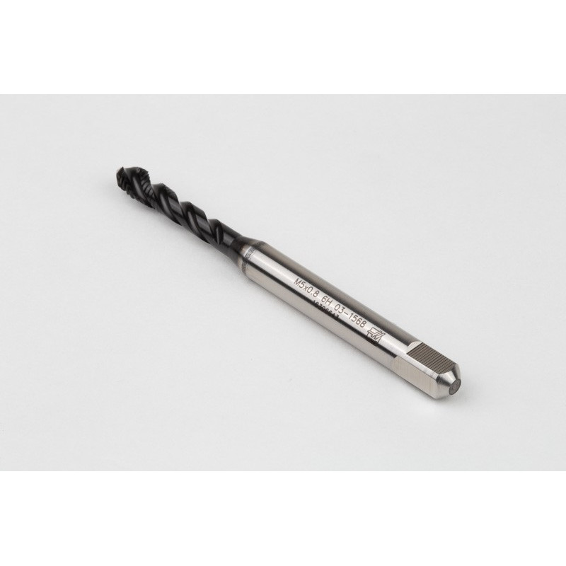 M5x0.8 M HSS-E Spiral Flute Tap, 6mm Shank x 8mm Thread Length, 2.5XD, Mod. Bottoming, 3 Flute, 6H, Hardslick Coated