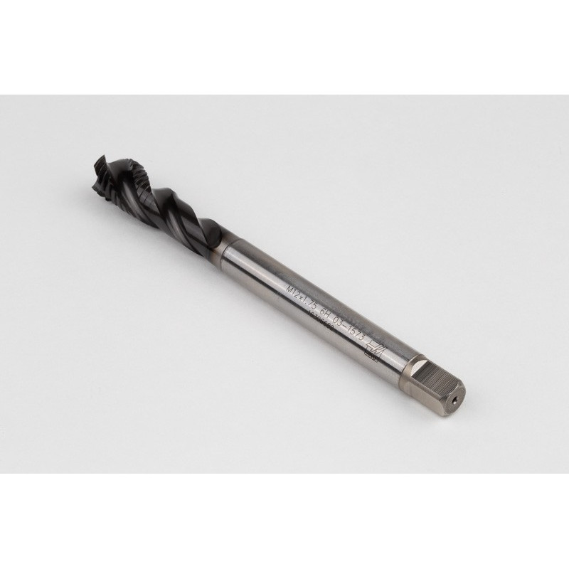 M12x1.75 M HSS-E Spiral Flute Tap, 9mm Shank x 18mm Thread Length, 2.5XD, Mod. Bottoming, 3 Flute, 6H, Hardslick Coated