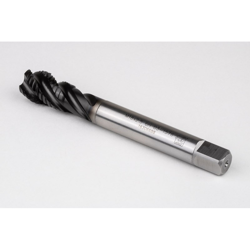 M18x2.5 M HSS-E Spiral Flute Tap, 14mm Shank x 25mm Thread Length, 2.5XD, Mod. Bottoming, 4 Flute, 6H, Hardslick Coated