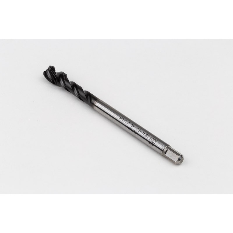 M8x1.0 MF HSS-E Spiral Flute Tap, 6mm Shank x 10mm Thread Length, 2.5XD, Mod. Bottoming, 3 Flute, 6HX, Hardslick Coated