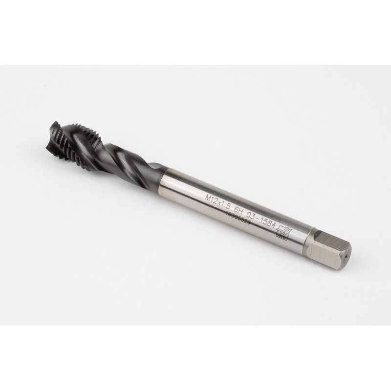 M12x1.5 MF HSS-E Spiral Flute Tap, 9mm Shank x 15mm Thread Length, 2.5XD, Mod. Bottoming, 4 Flute, 6HX, Hardslick Coated