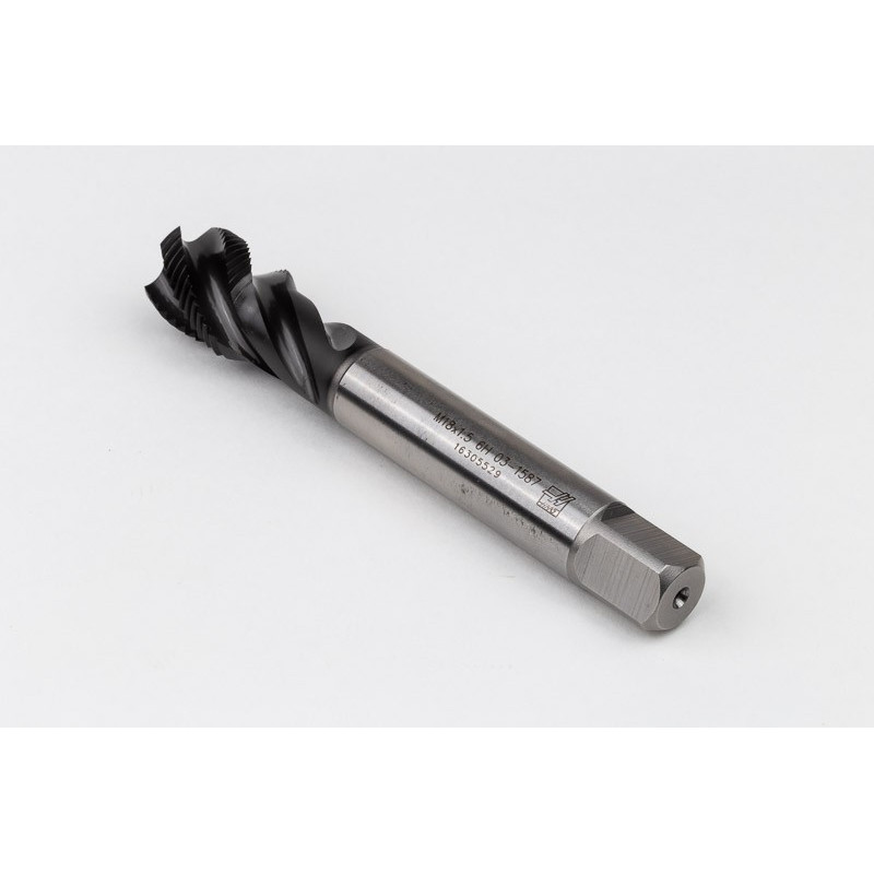 M18x1.5 MF HSS-E Spiral Flute Tap, 14mm Shank x 17mm Thread Length, 2.5XD, Mod. Bottoming, 4 Flute, 6HX, Hardslick Coated
