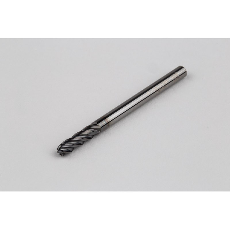 3mm Dia. Carbide Ball End Mill, 4 Flute, Hyb. AlCrN Coated, 3mm Smooth Shank x 10mm LOC, HTPM