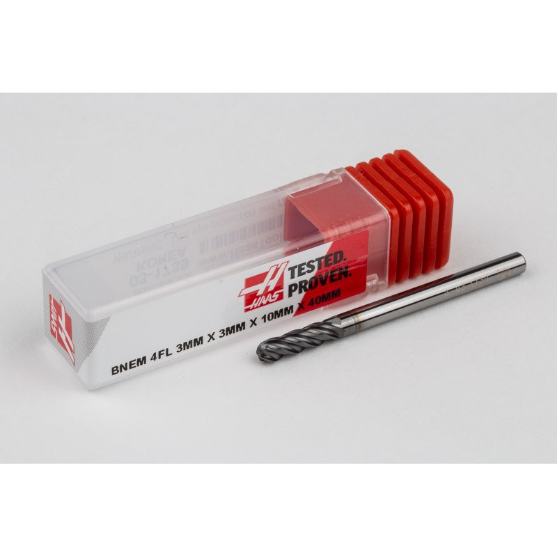 3mm Dia. Carbide Ball End Mill, 4 Flute, Hyb. AlCrN Coated, 3mm Smooth Shank x 10mm LOC, HTPM