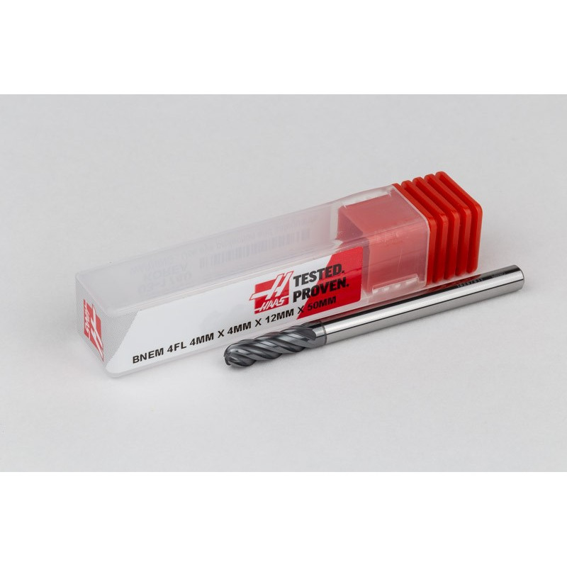 4mm Dia. Carbide Ball End Mill, 4 Flute, Hyb. AlCrN Coated, 4mm Smooth Shank x 12mm LOC, HTPM