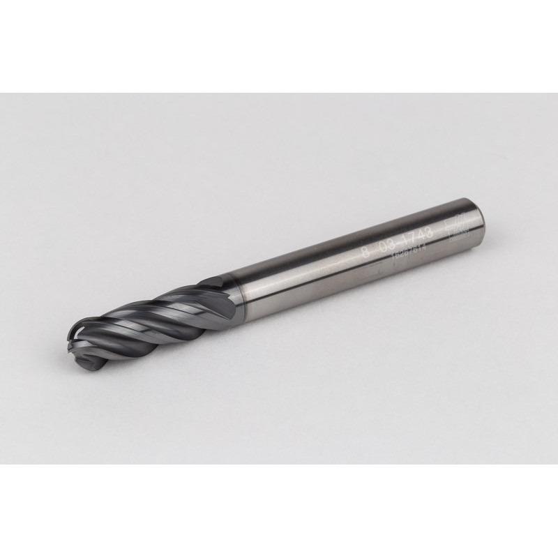 8mm Dia. Carbide Ball End Mill, 4 Flute, Hyb. AlCrN Coated, 8mm Smooth Shank x 22mm LOC, HTPM