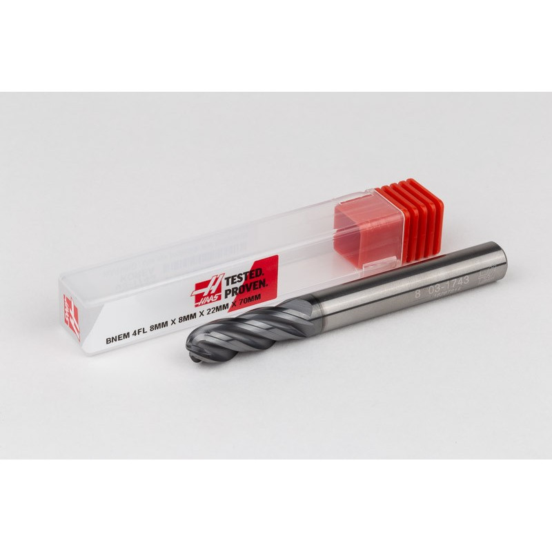 8mm Dia. Carbide Ball End Mill, 4 Flute, Hyb. AlCrN Coated, 8mm Smooth Shank x 22mm LOC, HTPM