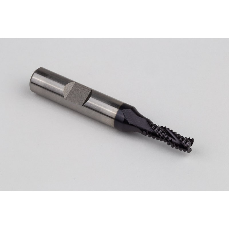 6mm Dia. Cobalt Coarse Roughing End Mill, 3 Flute, TiAIN Coated, 10mm Weldon Shank x 16mm LOC, 0.25mm Chamfer, CPR