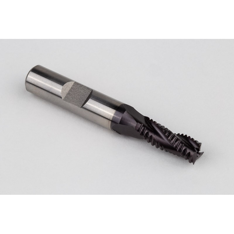 8mm Dia. Cobalt Coarse Roughing End Mill, 3 Flute, TiAIN Coated, 10mm Weldon Shank x 20mm LOC, 0.25mm Chamfer, CPR