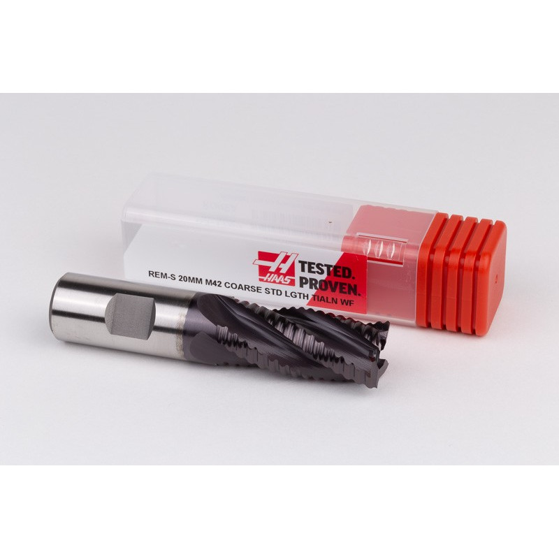 20mm Dia. Cobalt Coarse Roughing End Mill, 4 Flute, TiAIN Coated, 20mm Weldon Shank x 42mm LOC, 0.55mm Chamfer, CPR