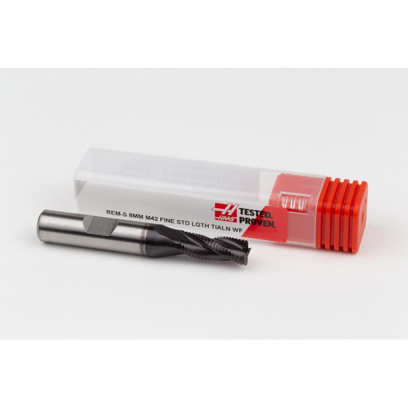 8mm Dia. Cobalt Fine Roughing End Mill, 3 Flute, TiAIN Coated, 10mm Weldon Shank x 20mm LOC, 0.5mm Chamfer, FPR