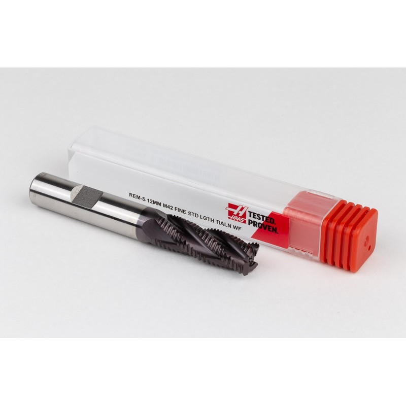 12mm Dia. Cobalt Fine Roughing End Mill, 4 Flute, TiAIN Coated, 12mm Weldon Shank x 32mm LOC, 0.76mm Chamfer, FPR