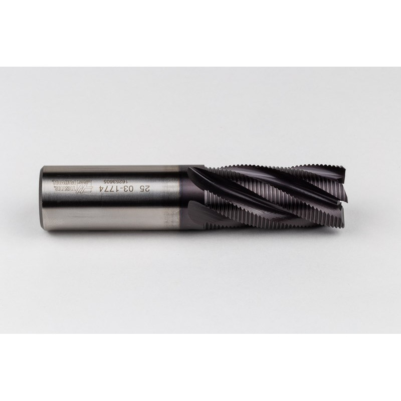 25mm Dia. Cobalt Fine Roughing End Mill, 5 Flute, TiAIN Coated, 25mm Weldon Shank x 52mm LOC, 0.76mm Chamfer, FPR