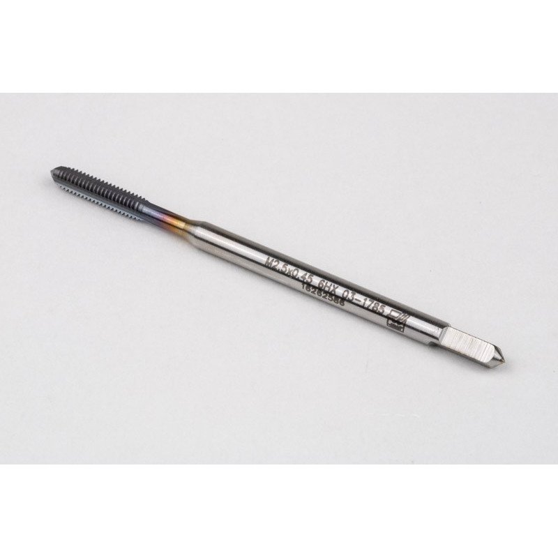 M2.5x0.45 M HSS-E Straight Flute Tap, 2.8mm Shank x 9mm Thread Length, 2XD, Mod. Bottoming, 3 Flute, 6HX, TiCN Coated