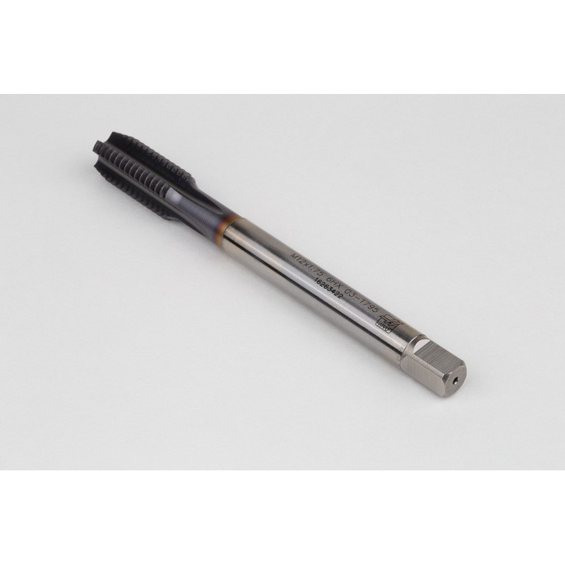 M12x1.75 M HSS-E Straight Flute Tap, 9mm Shank x 24mm Thread Length, 2XD, Mod. Bottoming, 4 Flute, 6HX, TiCN Coated