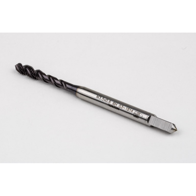 M3.5x0.6 M HSS-PM Spiral Flute Tap, 4mm Shank x 7mm Thread Length, 2.5XD, Mod. Bottoming, 3 Flute, 6H, TiAlN Coated