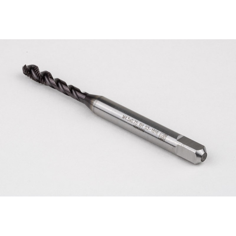 M4.5x0.75 M HSS-PM Spiral Flute Tap, 6mm Shank x 8mm Thread Length, 2.5XD, Mod. Bottoming, 3 Flute, 6H, TiAlN Coated