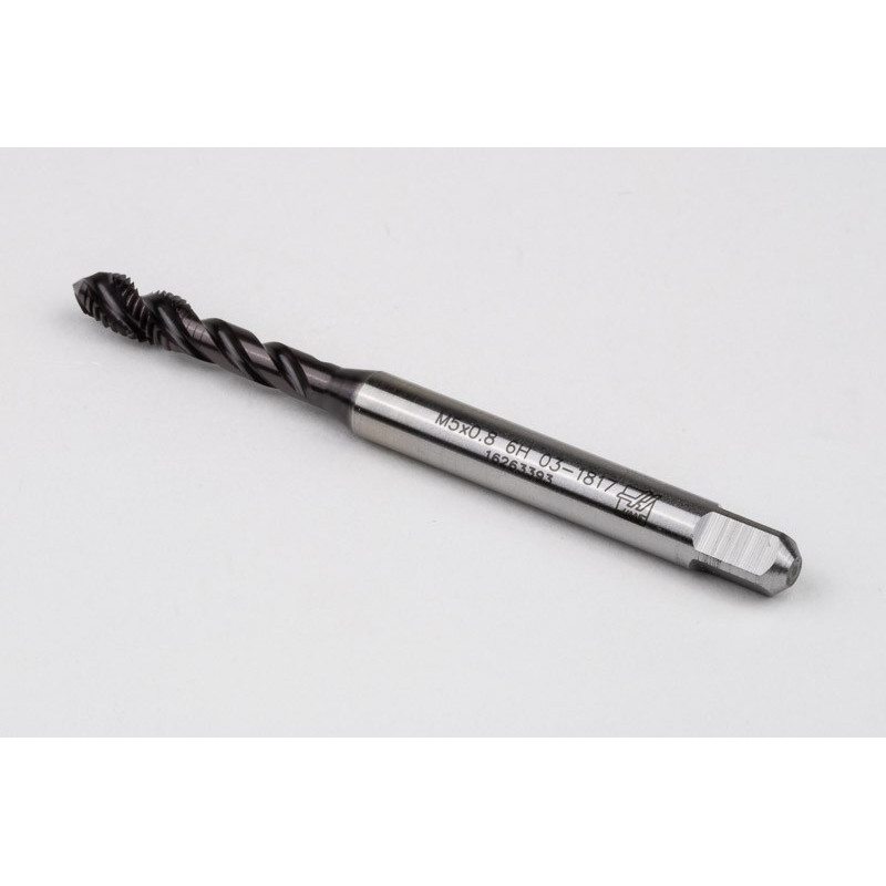 M5x0.8 M HSS-PM Spiral Flute Tap, 6mm Shank x 8mm Thread Length, 2.5XD, Mod. Bottoming, 3 Flute, 6H, TiAlN Coated