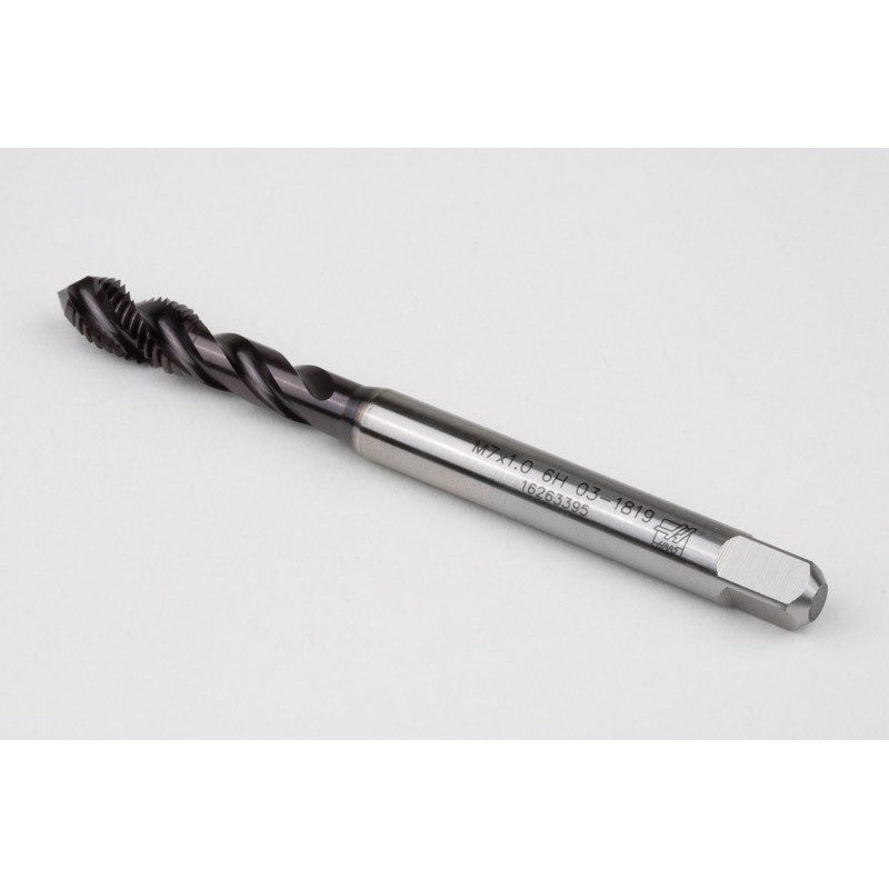 M7x1.0 M HSS-PM Spiral Flute Tap, 7mm Shank x 10mm Thread Length, 2.5XD, Mod. Bottoming, 3 Flute, 6H, TiAlN Coated