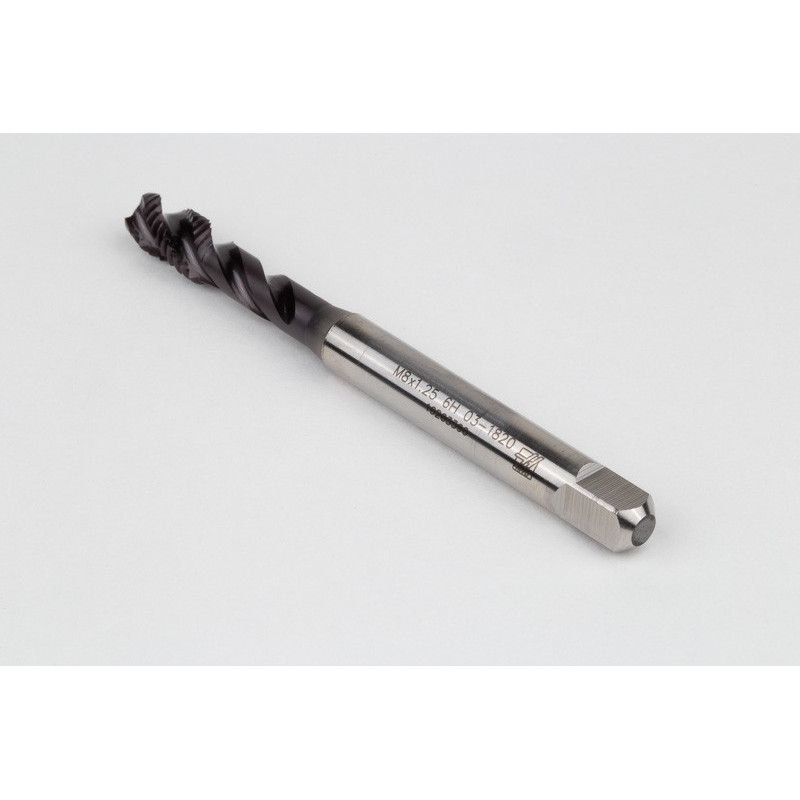 M8x1.25 M HSS-PM Spiral Flute Tap, 8mm Shank x 13mm Thread Length, 2.5XD, Mod. Bottoming, 3 Flute, 6H, TiAlN Coated