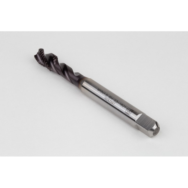 M10x1.5 M HSS-PM Spiral Flute Tap, 10mm Shank x 15mm Thread Length, 2.5XD, Mod. Bottoming, 3 Flute, 6H, TiAlN Coated