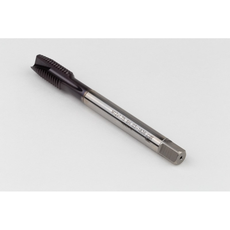M12x1.75 M HSS-PM Spiral Point Tap, 9mm Shank x 24mm Thread Length, 3XD, Plug, 3 Flute, 6H, TiAlN Coated