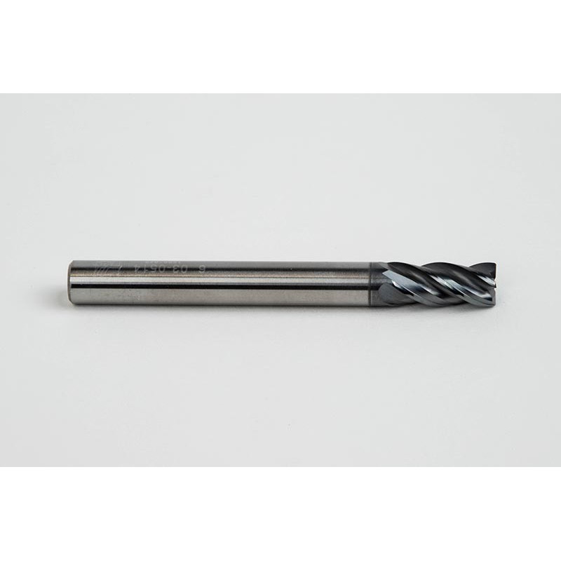 6mm Dia. Carbide End Mill, 4 Flute, Hyb. AlCrN Coated, 6mm Smooth Shank x 13mm LOC, 0.2mm Chamfer, HTPM