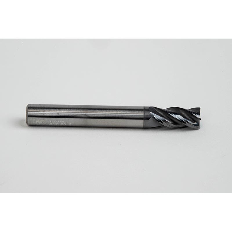 8mm Dia. Carbide End Mill, 4 Flute, Hyb. AlCrN Coated, 8mm Smooth Shank x 16mm LOC, 0.2mm Chamfer, HTPM