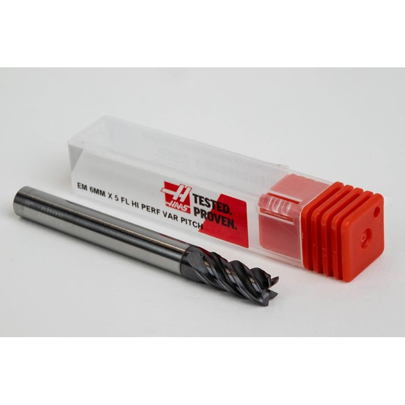 6mm Dia. Carbide End Mill, 5 Flute, AlTiN Coated, 6mm Smooth Shank x 13mm LOC, 0.2mm Chamfer, HTM