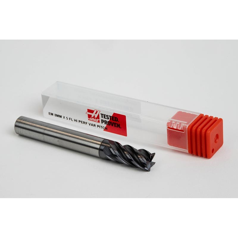 8mm Dia. Carbide End Mill, 5 Flute, AlTiN Coated, 8mm Smooth Shank x 16mm LOC, 0.2mm Chamfer, HTM