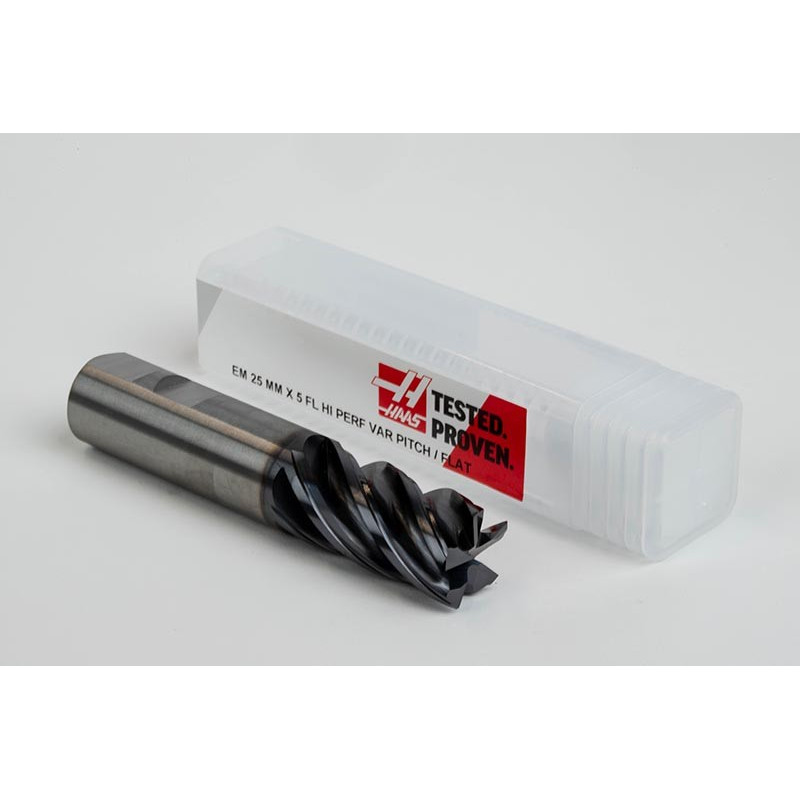 25mm Dia. Carbide End Mill, 5 Flute, AlTiN Coated, 25mm Weldon Shank x 45mm LOC, 0.5mm Chamfer, HTM