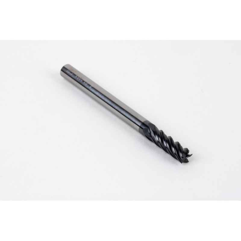 4mm Dia. Carbide End Mill, 5 Flute, AlTiN Coated, 4mm Smooth Shank x 12mm LOC, Square Profile, HTM