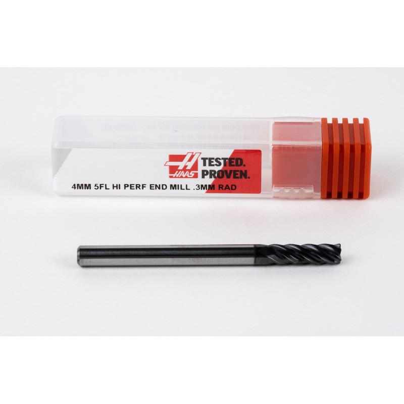 4mm Dia. Carbide End Mill, 5 Flute, AlTiN Coated, 4mm Smooth Shank x 12mm LOC, 0.3mm Radius, HTM