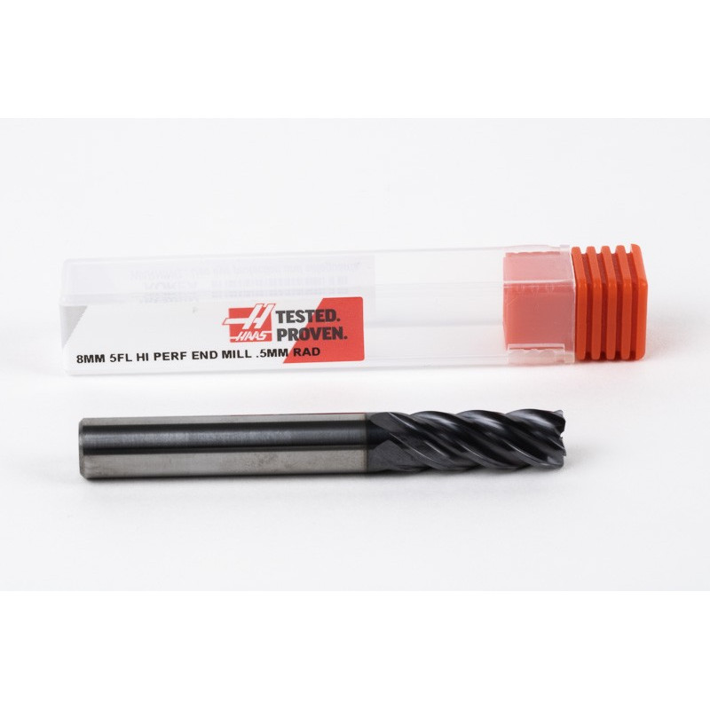 8mm Dia. Carbide End Mill, 5 Flute, AlTiN Coated, 8mm Smooth Shank x 20mm LOC, 0.5mm Radius, HTM