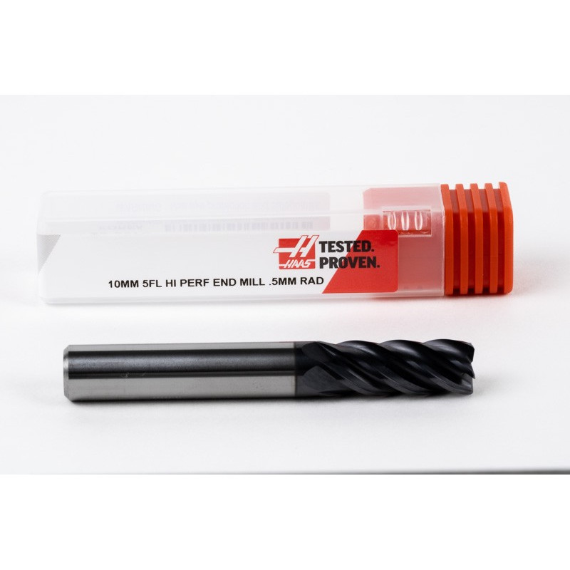 10mm Dia. Carbide End Mill, 5 Flute, AlTiN Coated, 10mm Smooth Shank x 25mm LOC, 0.5mm Radius, HTM