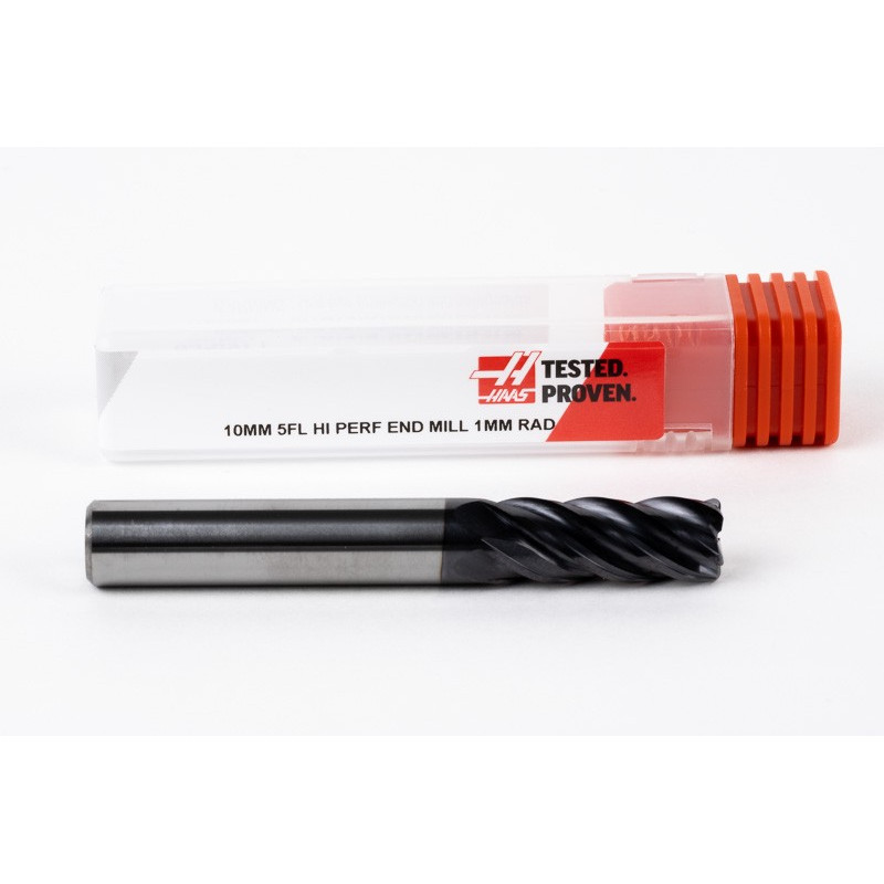 10mm Dia. Carbide End Mill, 5 Flute, AlTiN Coated, 10mm Smooth Shank x 25mm LOC, 1mm Radius, HTM